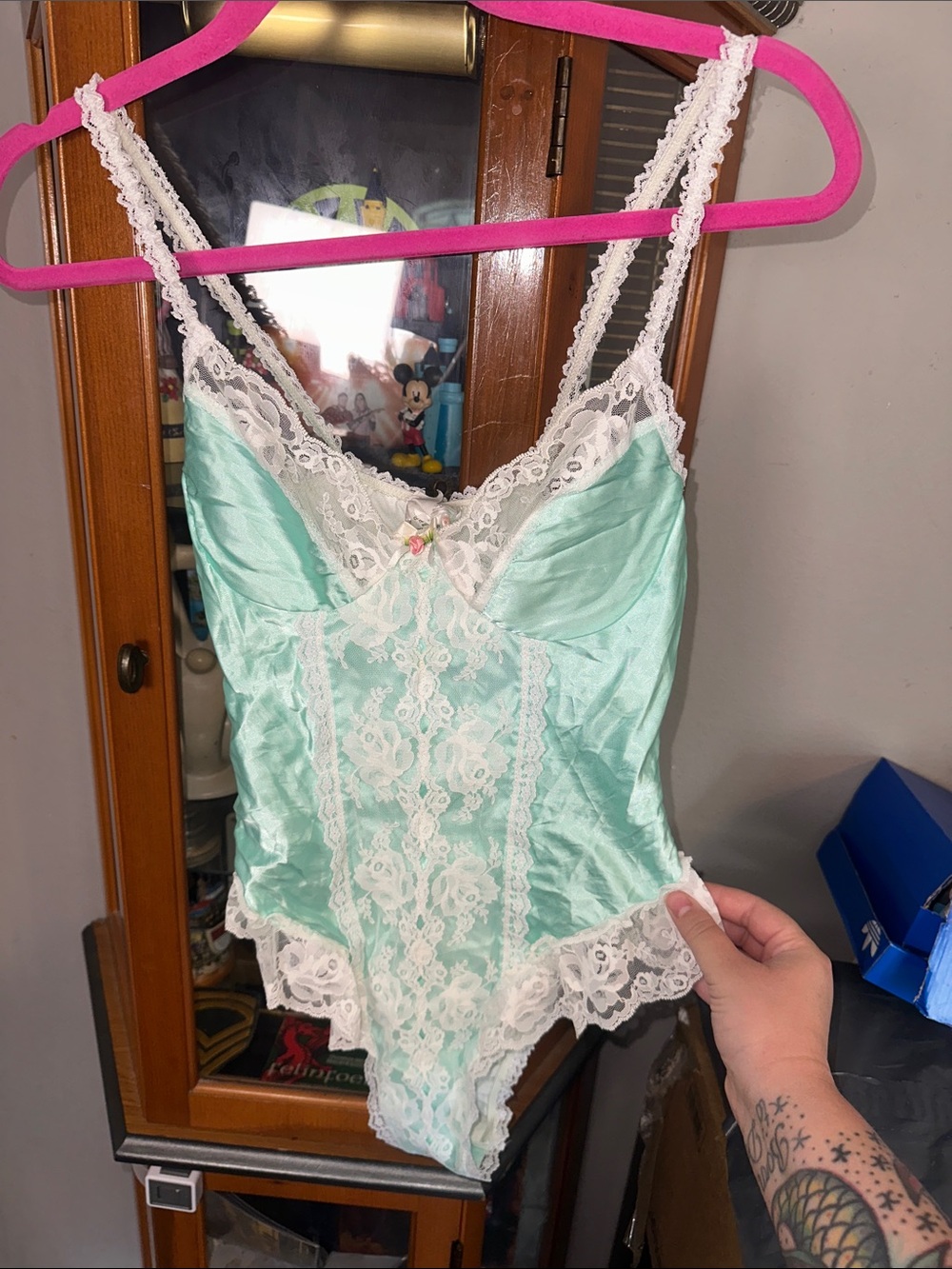 Arianne Mint Satin Lace Chemise Teddy with White Trim